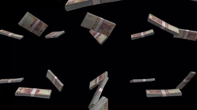 Lesotho Money, Lesotho Loti Banknotes Falling On Black Background, LSL Currency Stacks Dark Cinematic, 4K