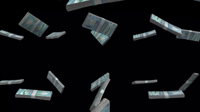 Vanuatu Money, Vanuatu Vatu Banknotes Falling On Black Background, VUV Polymer Currency Stacks Dark Cinematic, 4K