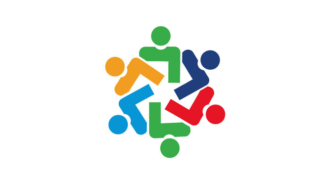 Interlocking colorful people figures in a circular logo.