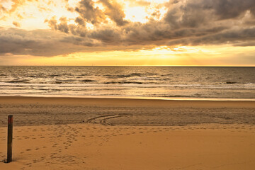 Obraz premium Golden clouds at Zandvoort during sunset, with soft warm tones and textured sky gradients ideal for calm atmospheric designs.