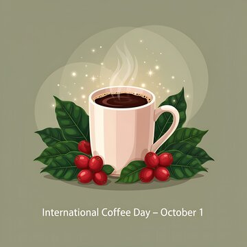 Illustration of coffee cup with coffee beans and leaves for International Coffee Day