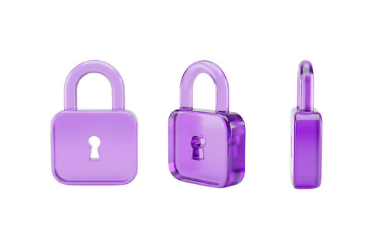 Three purple padlocks in different views on transparent background