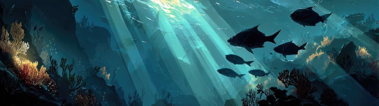 Dark fish swim among vibrant coral reefs, bathed in sunlit ocean rays. Perfect for marine life, nature themes, or serene aquatic backgrounds.