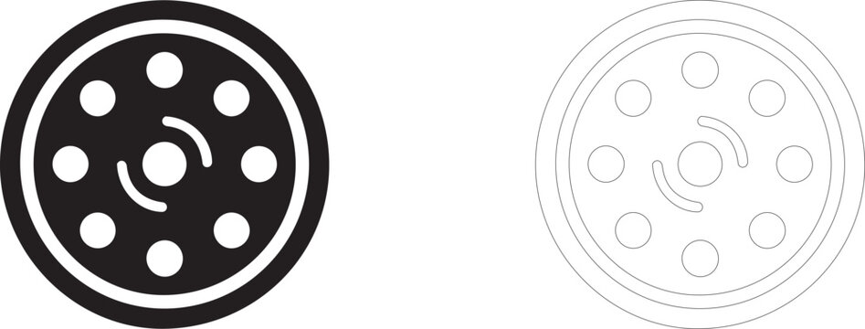 Round centrifuge separator, chromatography disk and fraction sorting symbol, vector icon filled and outline.