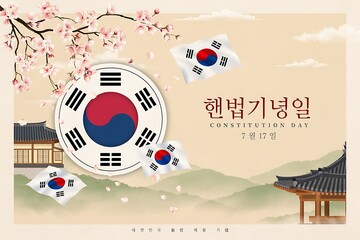 Fototapeta premium South korea constitution day celebration with taegeukgi and traditional architecture