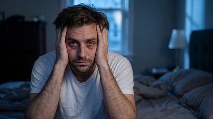Obraz premium sleep deprivation exhausted man bedroom insomnia dark circles mental health man sitting on bed with hands against face communicates burnout poor rest and the psychological strain of persistent