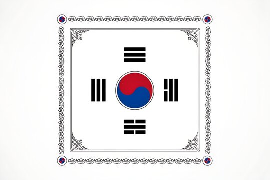 Traditional korean taegeuk symbol with trigrams and decorative border isolated on white background