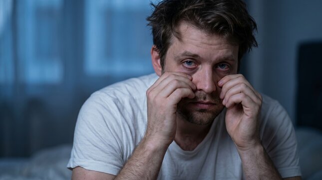 sleep deprivation man eye bags bedroom insomnia mental health fatigue man rubbing tired eyes in blue bedroom light suggests long term insomnia symptoms and morning recovery struggle