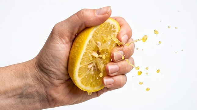 Hand squeezing half a fresh lemon to extract juice with splashes isolated