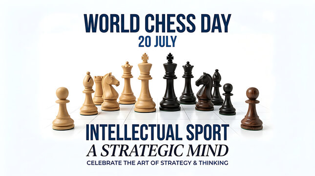 World Chess Day (July 20): Beige and black chess pieces lined up below the title on a white background, with taglines "INTELLECTUAL SPORT A STRATEGIC MIND" and "CELEBRATE THE ART OF STRATEGY & THINKIN