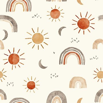 Colorful Abstract Weather Pattern with Sun, Moon, and Rainbow Elements for Kids Room Decor