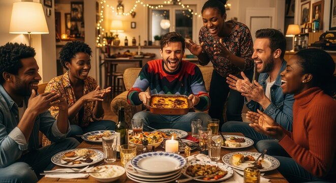 Group of Friends Enjoying Pizza Dinner Together at Cozy Home Dining Table