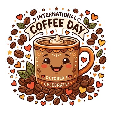 International Coffee Day illustration with coffee beans cup and hearts on a white background