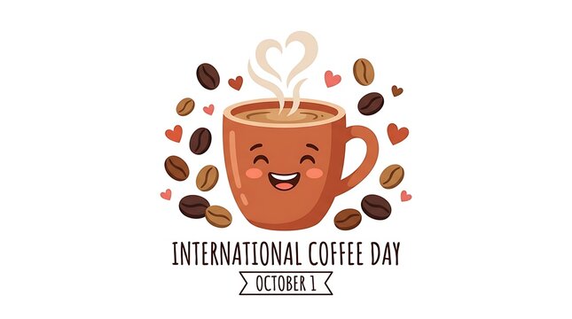 Cute coffee cup with hearts and beans for international coffee day celebration vector illustration