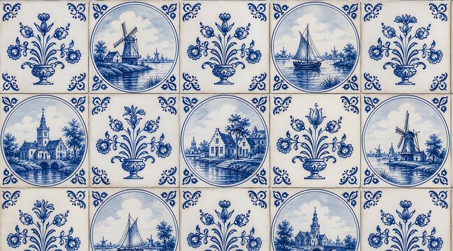Traditional Delft blue ceramic tiles featuring Dutch windmills, boats, and floral motifs.