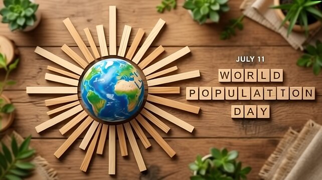 World Population Day celebration with Earth globe on wood