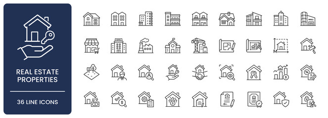 Real estate properties icon set. Collection of residential building, commercial architecture, property investment and mortgage contract line icon vector illustration with editable stroke. © Stock_Koom