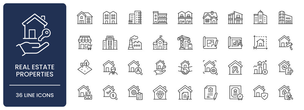Real estate properties icon set. Collection of residential building, commercial architecture, property investment and mortgage contract line icon vector illustration with editable stroke.