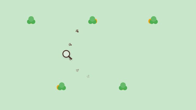 Magnifying glass tracking tiger paw prints across a green safari field minimalist animation