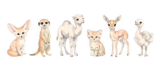 Naklejka premium Watercolor baby animals cute illustration isolated set on white background for nursery decor design featuring sweet fennec fox, meerkat, camel, kitten, gazelle, and ostrich chick safari graphics.