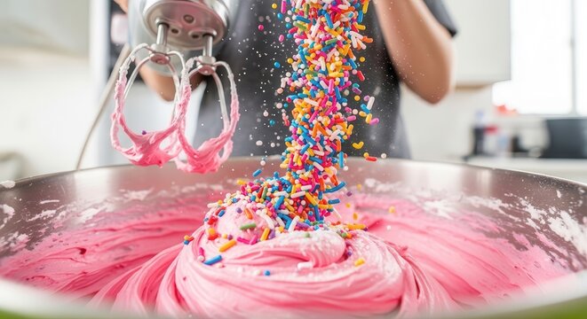 Child Celebration Blowing Colorful Sprinkles on Pink Birthday Cake Close Up