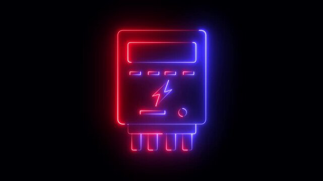 glowing neon electric meter icon isolated on black background. Modern electric meter design for digital interface. Energy consumption monitoring for electricity bill, smart home app, or website. 