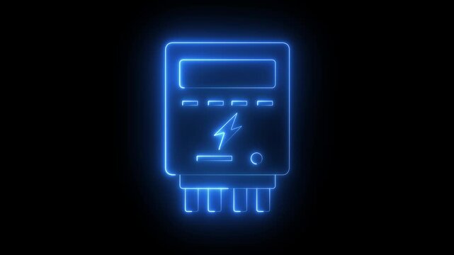 glowing neon electric meter icon isolated on black background. Modern electric meter design for digital interface. Energy consumption monitoring for electricity bill, smart home app, or website. 