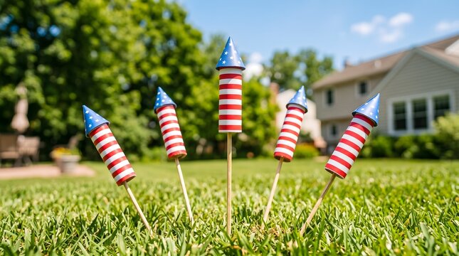 Patriotic labor day fireworks decorations in a suburban backyard