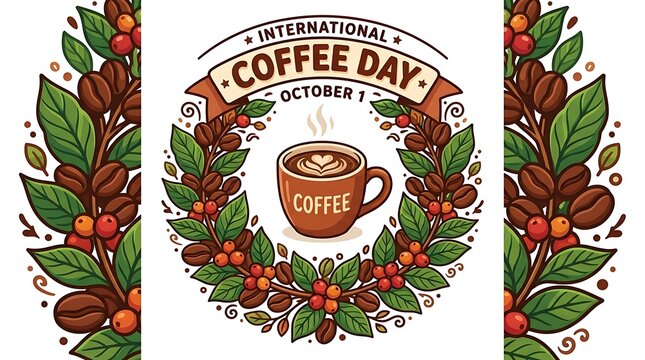 International Coffee Day vector illustration with coffee beans cup and leaves
