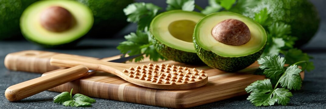 Fresh Avocados Halved with Seed and Cilantro on Wooden Cutting Board with Masher