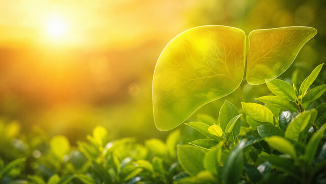 Natural liver wellness background with leaves and sunrise