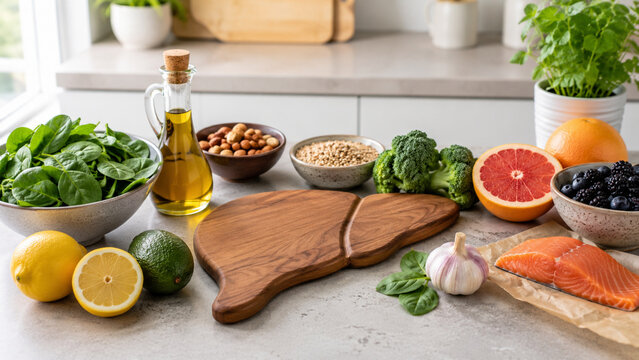 Healthy liver diet ingredients on bright kitchen counter
