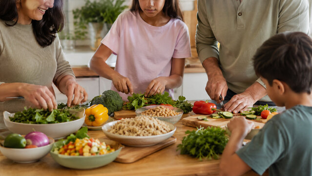 Family cooking healthy dinner for liver friendly lifestyle