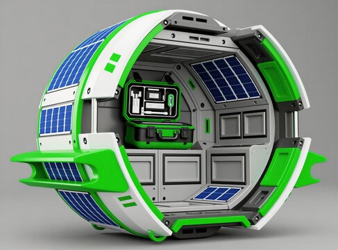 Futuristic escape pod mockup with solar panels and green survival kit. Includes interior view with compartments and gadgets, suggesting tech innovation.
