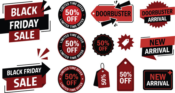 Black Friday sale and doorbuster deals sticker collection set in dark red and black flat design
