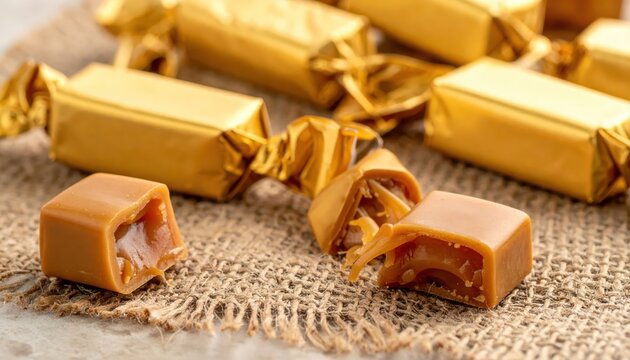 Golden Caramel Chews Individually Wrapped in Foil on Burlap Texture