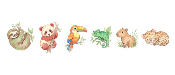 Cute watercolor baby animals set with sloth panda toucan and jaguar cub for nursery decor, children illustration clipart collection isolated on white background, adorable cartoon jungle wildlife. © Dinali