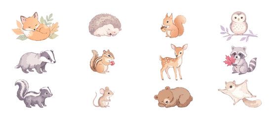 Obraz premium Woodland animals watercolor clipart set of cute forest creatures featuring sleeping bear, baby deer, fox, raccoon, squirrel, owl, hedgehog, badger, skunk, and mouse isolated on a white background.