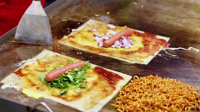Two flatbreads topped with sausage, vegetables and sauce are being grilled on a metal griddle, with instant noodles prepared nearby.