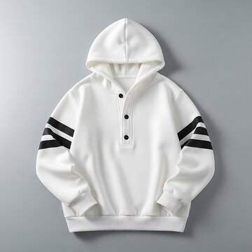 Stylish White Hoodie with Black Stripes on Sleeves.