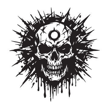 Dark Skull Burst with Spikes and Dripping Paint Against White Background