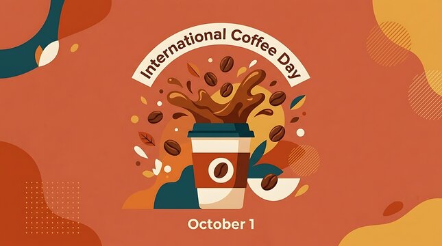 International Coffee Day celebration with coffee beans cup and splash vector illustration