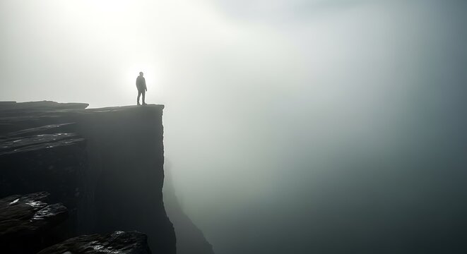 Solitary Figure Silhouetted on Cliff Edge, Overlooking Misty Landscape, Dramatic Lighting.