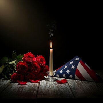 Somber Memorial - American Flag, Red Roses, and Flickering Candle in Dramatic Low Light.
