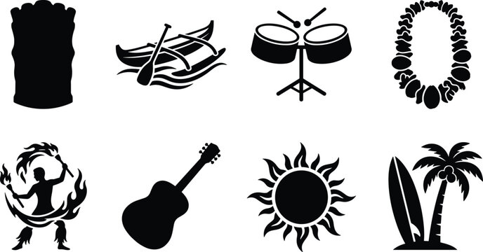 Hawaiian and Polynesian cultural icon set featuring a tiki mask canoe drums lei fire dancer ukulele sun and surfboard