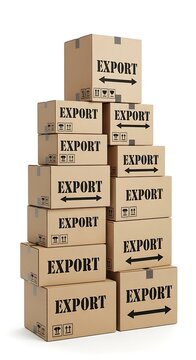 Stacked Cardboard Export Boxes with Black Arrows, Isolated on White Background.