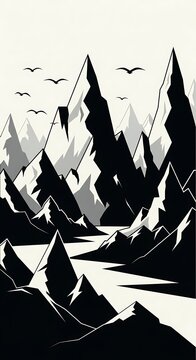 Stark Black and White Mountain Peaks with Soaring Birds Under a Vast Sky.
