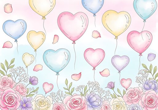 Colorful heart shaped balloons floating above roses and flowers  festive romantic scene