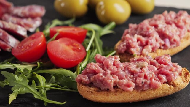 Snack plate beef tartare, cherry tomatoes, green olives and fuet sausage. Wine snack. High quality 4k footage