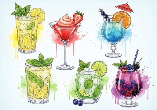 Colorful cocktails with fruits and mint leaves in glasses on white background
